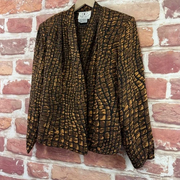 VTG Flora Kung Top Shirt Womens 10 Brown Black Abstract 100% Silk Casual Career - Picture 3 of 8